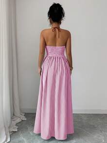 Elenzga 女士条纹深V领性感吊带连衣裙 - 玫紅色 - 查看 2