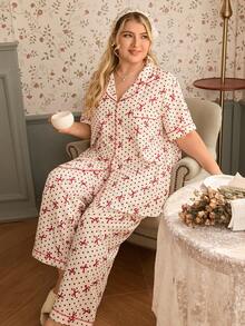 Bubble Crinkle Bow Polka Dot Print Lapel Cardigan Short Sleeve & Pants Pajama Set - Red - View 1