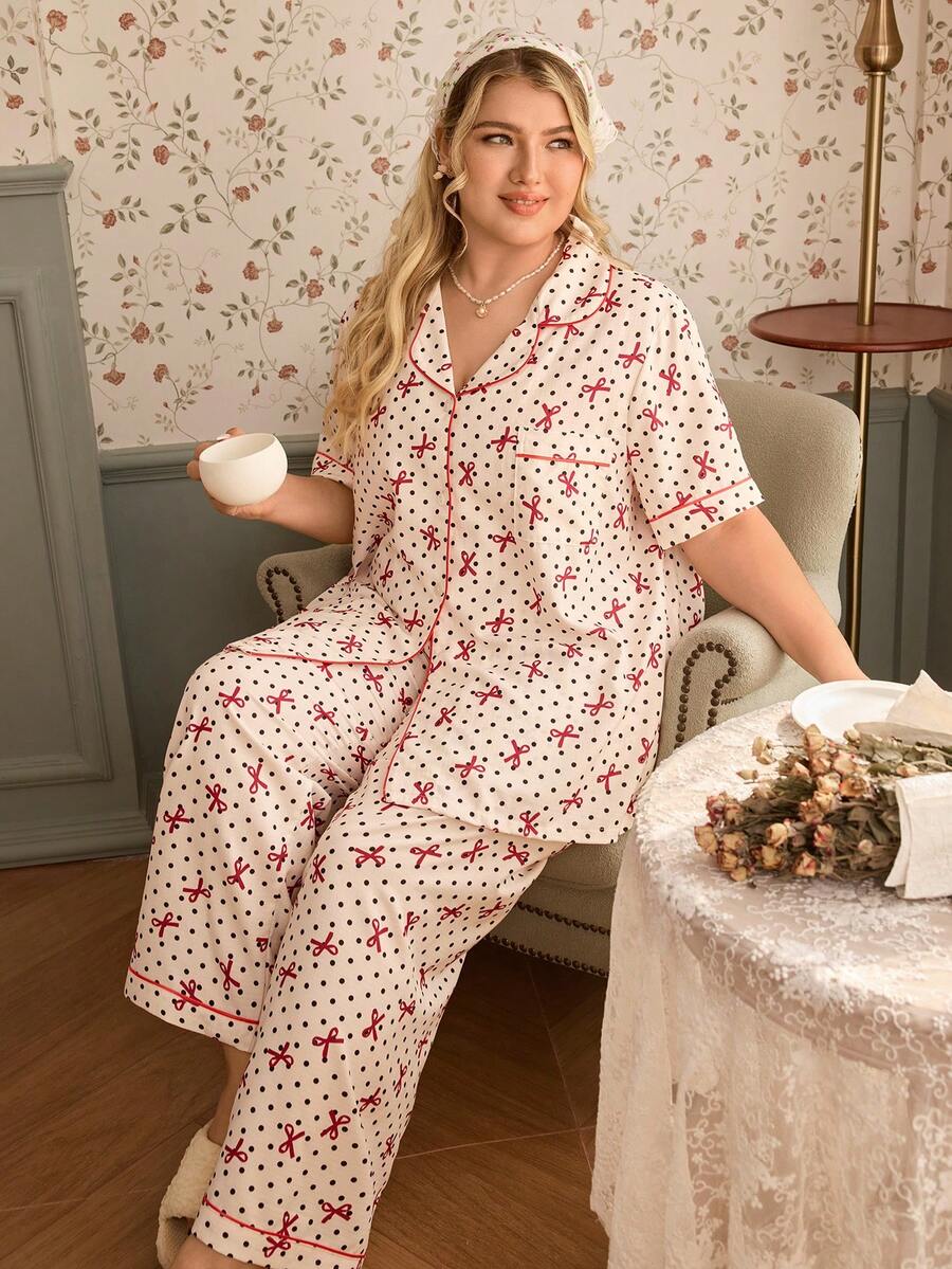 Bubble Crinkle Bow Polka Dot Print Lapel Cardigan Short Sleeve & Pants Pajama Set - Red - View 1