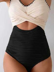 Swim Lushoire 女士简约连体泳衣，波浪纹图案，性感欧美风混搭沙滩泳装 - 彩色 - 查看 5