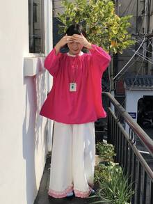 DAZY Women's Loose Ruffled Hem Casual Wide Leg Pants, Korean Style - White - View 5