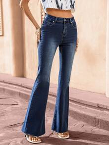 Selianne Women's High Waist Pockets Casual Versatile Flare Jeans - Blue - View 3