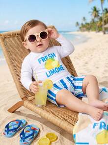 SHEIN 2 piezas Traje de baño de verano casual para bebé niño con estampado de frutas de manga larga y pantalones cortos de baño a rayas azules, adecuado para playa, piscina, spa - Multicolor - Ver 3