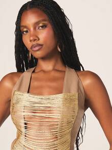 MISSGUIDED Damen Metallic Fransen Korsett Top mit Lederriemen und Ausschnittdetails für Abendparty Anlässe - Braun - Übersicht 5