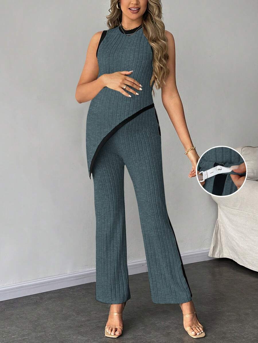 SHEIN Maternity Summer Casual Contrast Trim Asymmetric Hem Ribbed Tank Top And Pants 2 Pieces Set - Dusty Blue - View 1