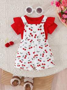 SHEIN 女婴可爱休闲百搭樱桃图案连体衣，夏季 - 白色 - 查看 3