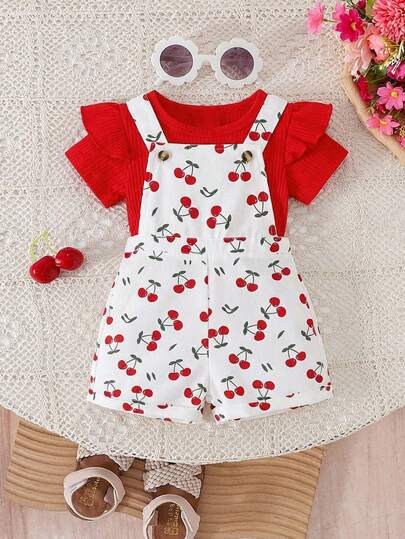 SHEIN 女婴可爱休闲百搭樱桃图案连体衣，夏季