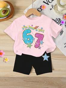 两件套少女休闲时尚创意独特清新简约数码67粉色星星字母标语印花上衣和配套短裤套装，适合日常和假日休闲穿着，舒适又保暖 - 粉色 - 查看 3