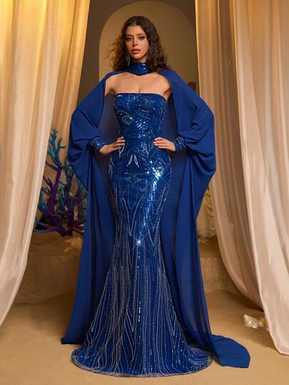 Glamrae Elegant Luxury Cold-Shoulder Sequins Embroidered Bustier Mermaid Hem Gown With Embellished Neckline, Suitable For Festivals, Weddings, Galas, Concerts, Business Events, And Social Media Influencer Occasions