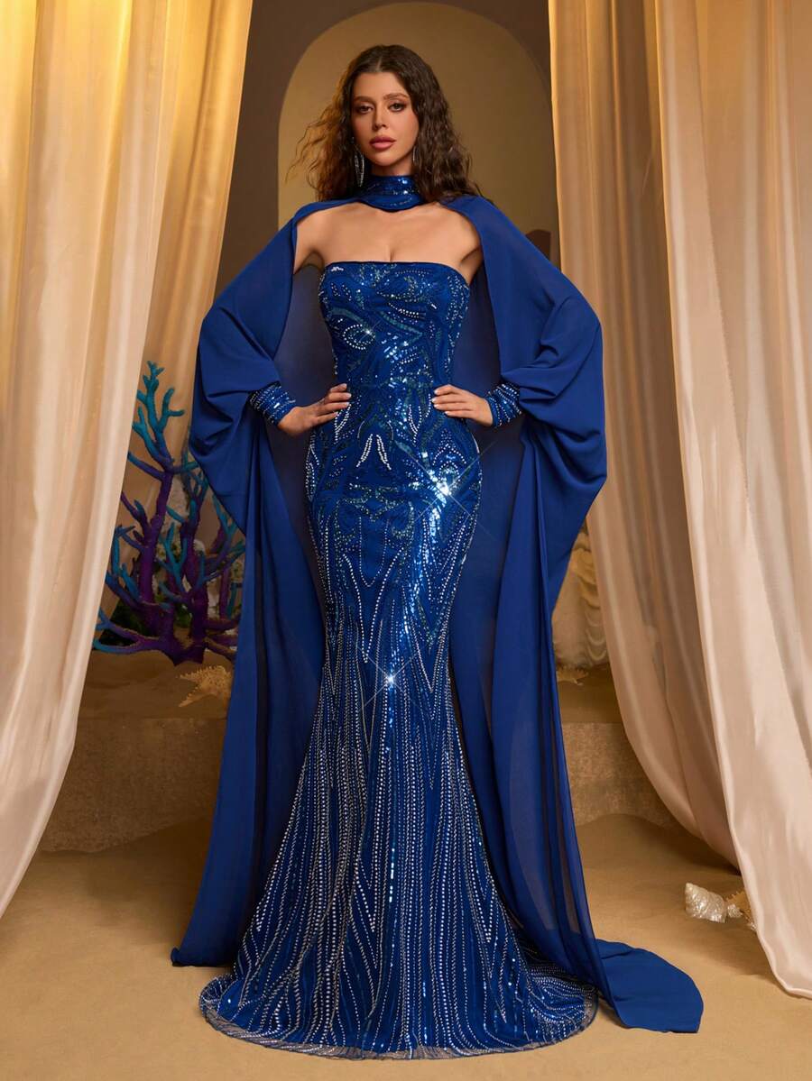 Glamrae Đầm dạ hội sang trọng, thanh lịch, hở vai, đính sequin và thêu họa tiết, dáng đuôi cá, cổ áo được trang trí cầu kỳ, phù hợp cho các lễ hội, đám cưới, dạ tiệc, hòa nhạc, sự kiện kinh doanh và các dịp dành cho người nổi tiếng trên mạng xã hội. - Màu xanh lam - Xem 1