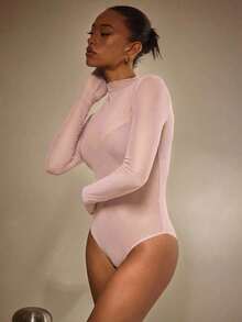 Athîral 女士性感透视网纱长袖连体衣 - 淺粉色 - 查看 5