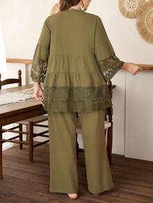 Lacomfia Plus Size Women's Lace Trim Patchwork Blouse Top,Army Green,Summer,Country,Tropical,Tea Party, Al-Adha,Round Neck Long Sleeve Button Front Outfits - Army Green - View 2