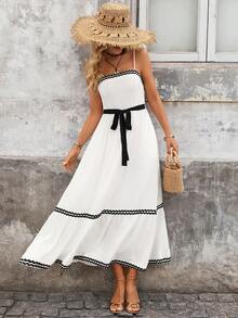 Brillora Damen Lässig Taillengürtel rückenfrei Trägerkleid, Sommer - Schwarz und Weiss - Übersicht 6