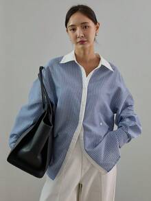 Dazy-Less Women's Striped Drop Shoulder Long Sleeve Single-Breasted Casual Loose Shirt - Blue - View 4