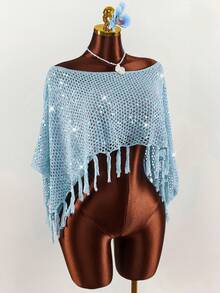 Amplova Women's Knitted Fringe Cover Up Top, Asymmetrical Hem Pullover, Sexy & Avant-Garde, Suitable For Holiday Wear, Shiny Blue Summer Clothes Women - Blue - View 5