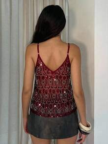 SHEIN PETITE 女士性感亮片刺绣网纱吊带背心，夏季 - 酒紅色 - 查看 2