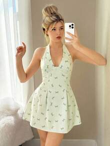 SHEIN Sweetina 修身腰部蝴蝶结印花吊带迷你连衣裙 - 綠色 - 查看 3