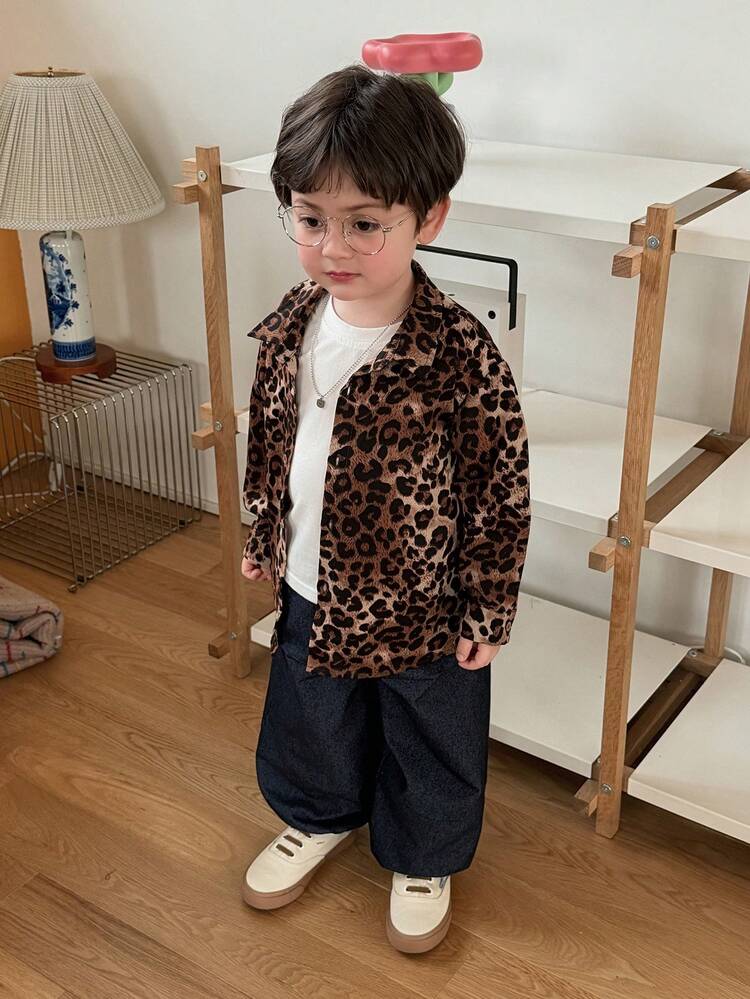 Toddler Boys' Leopard Print Turndown Collar Long Sleeve Top