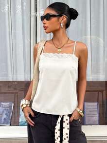 Muchica Áo hai dây nữ màu trắng satin phối ren tương phản - trắng - Xem 5