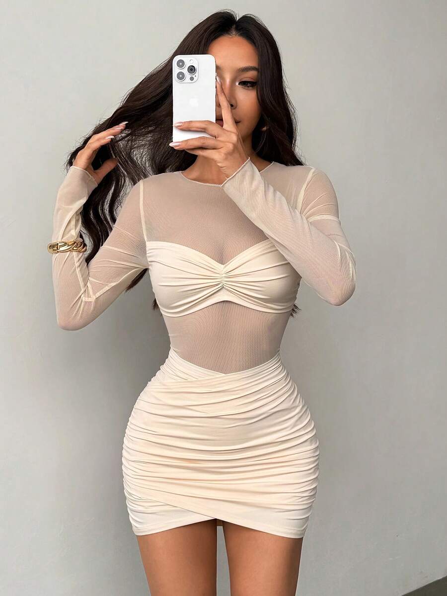 SHEIN PETITE Đầm ngắn tay dài cổ tròn ren xuyên thấu gợi cảm dành cho nữ, đầm mùa hè cho nữ. - Màu be - Xem 1