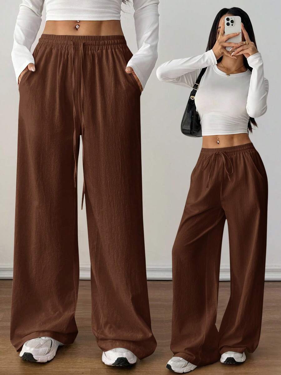 SHEIN PETITE 女士夏季乡村音乐会外出波西米亚海滩度假装扮基本款简约水洗100%纯棉白色弧形裤脚长裤，秋季女装