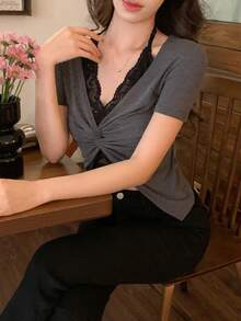 DAZY Women's Lace Patchwork Korean Style Short Sleeve Casual T-Shirt Summer - Grey - View 4
