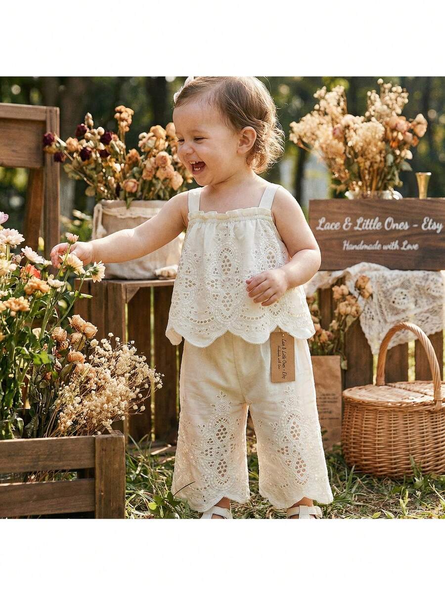 Loomiva 女婴夏季波西米亚风纯色荷叶边吊带背心和裤子套装 - 彩色 - 查看 1