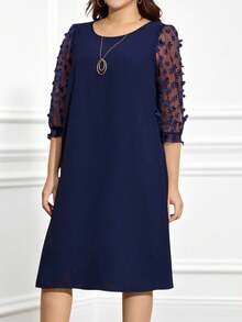 Miaspire Vestido elegante de verano talla grande con decoración de flores en 3D y parches de malla - Azul Marino - Ver 3