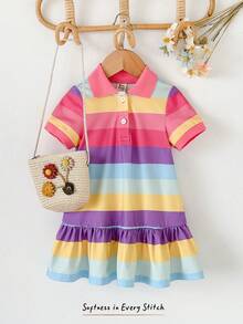 Cozy Pixies 女嬰彩色條紋領口短袖休閒舒適洋裝 幼兒 Polo 彩虹馬卡龍色領配色拼接洋裝 - 彩色 - 查看 6