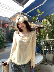 DAZY Camiseta de manga larga con cuello redondo y estampado, estilo coreano - Albaricoque - Ver 4