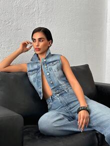 SHEIN 100% Cotton Women's Denim Two Pieces Outfits Vest& Pants - Medium Wash - View 1