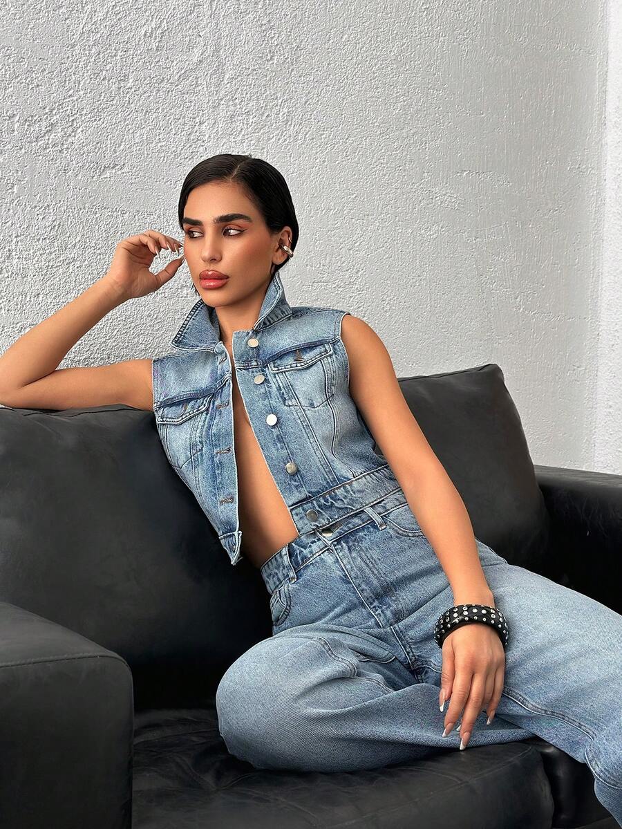 SHEIN 100% Cotton Women's Denim Two Pieces Outfits Vest& Pants - Medium Wash - View 1