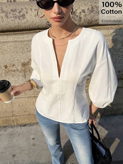 Siren Gaze Spring Women Women's Solid Color Notch Neck Drop Shoulder Puff Sleeve Casual White Blouse Lantern Sleeve Blouse V Neck Blouse Elegant White Blouse White Long Sleeve Blouse
