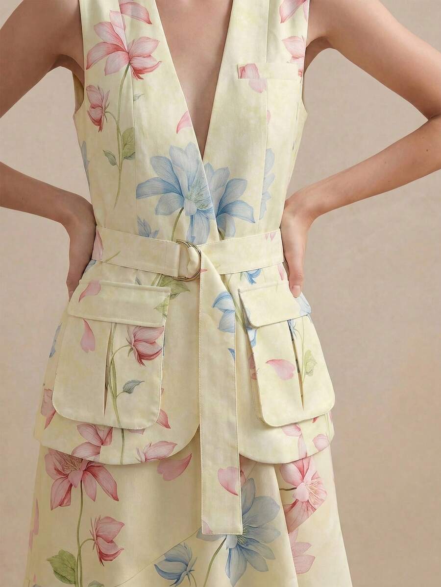 Conjunto de 2 piezas de Anewsta de chaqueta sin mangas con estampado floral grande y falda con volantes en el bajo, elegante y casual de moda para mujer - Amarillo claro - Ver 1