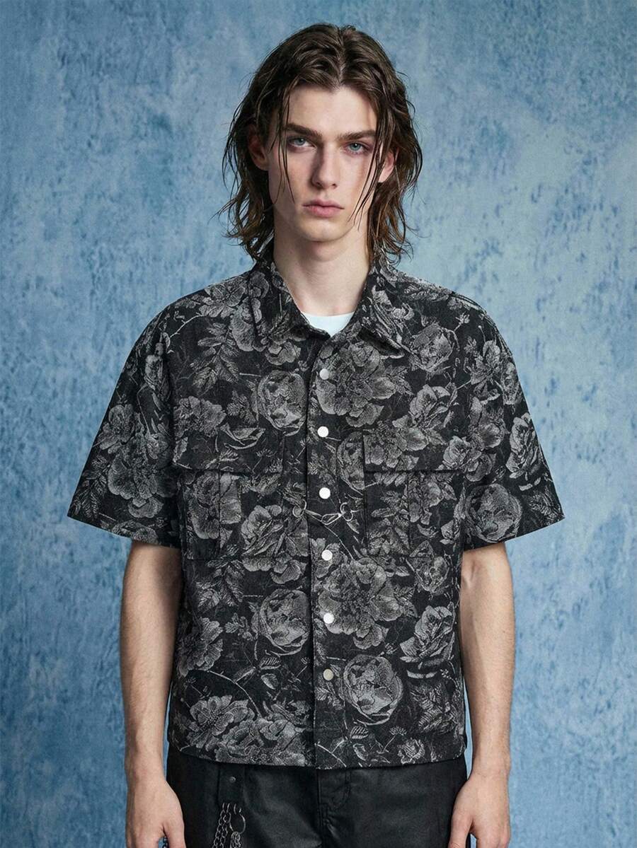 ROMWE MEN Street Life 男士前开襟休闲时尚百搭夏季衬衫，纹理花卉牛仔上衣 - 黑色 - 查看 1
