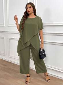 Reflora Plus Size Summer Elegant Solid Color Asymmetric Hem Top And Pants 2 Pieces Set - Army Green - View 6