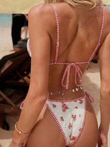 Swim Mod Conjunto de bikini de 2 piezas con estampado de rosas y escote halter en tela de encaje para mujeres, estilo sexy de vacaciones, traje de baño a juego de chica dulce para primavera/verano - Multicolor - Ver 4