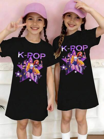 1pc Tween Girl's Casual Fashion Custom Creative Fresh Minimalist K-POP Stylish Virtual Girl Group Cartoon Character Black Graphic Letter Slogan Print Comfortable Short Sleeve T-Shirt Dress, Suitable For Spring, Summer, Autumn & Winter, Cute Girl Apparel, Y2K Style Girl Casual Printed Straight Dress, Children Clothing