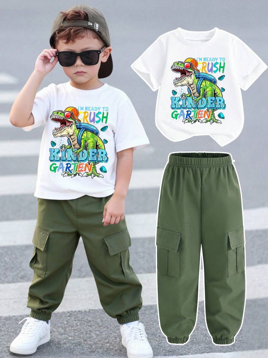 Streecool Kids Bộ 2 món gồm áo thun cổ tròn tay ngắn và quần cargo in hình khủng long hoạt hình dành cho bé trai, thích hợp cho các lễ hội, tiệc tùng, mùa xuân/hè, thoải mái và năng động, lý tưởng cho mùa hè. - xanh quân đội - Xem 1