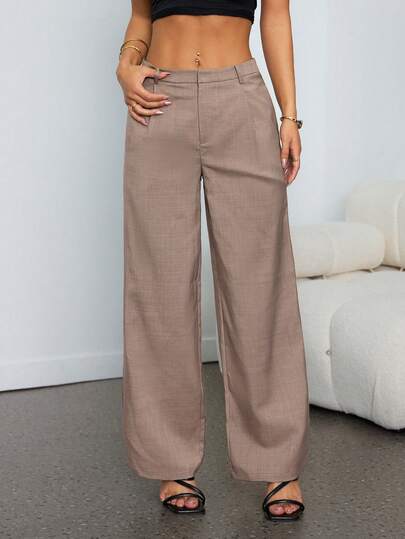 SHEIN PETITE Women's Simple Commuter Casual Solid Color Slant Pocket Pants Women Dress Pants Wide Leg Pants Women Slacks Business Casual Pants For Women Fall Clothes For Women Winter Clothes For Women Halloween Christmas Women's Clothing Elegant Going Out Formal Autumn Clothes Women's Dress Pants Chic Pants For Women Going Out