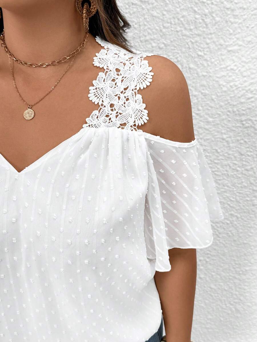 SHEIN Frenchy Áo sơ mi nữ cỡ lớn, màu trơn, hở vai, kiểu dáng thường ngày, tay ngắn, thích hợp cho kỳ nghỉ hè. - trắng - Xem 1