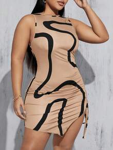 SHEIN Essnce Đầm mùa hè cỡ lớn dành cho nữ, đầm ôm sát eo, đầm tạo dáng, đầm suông, đầm hè thường ngày, đầm hè đen, đầm đen trắng, đầm dáng ôm (đầm in họa tiết không đều) - Màu Khaki - Xem 3