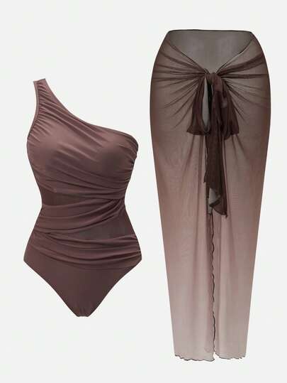 Swim Oasis Tenue de plage printemps/été pour femme 26SS, ensemble une pièce ou deux pièces, élégante tenue de socialite vintage BOHO océanique bohème avec imprimé dégradé, patchwork de maille délicate, coupe ajustée affinante avec froncé irrégulier, combinaison et jupe asymétrique à l'épaule