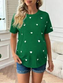 SHEIN 孕妇爱心印花休闲圆领短袖T恤，夏季 - 綠色 - 查看 5