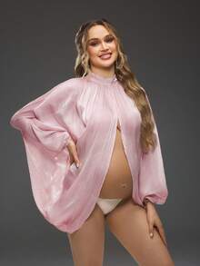Cheriluna Maternity Elegant Maternity Solid Color Stand Collar Batwing Sleeve Loose Front & Back Slit Photoshoot Dress Top - Pink - View 4