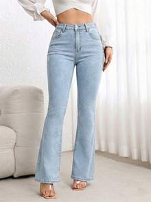 SHEIN PETITE Women's Casual Everyday Washed Flared Jeans With Slant Pockets - Light Wash - View 7