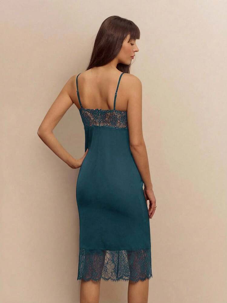 Blue Satin And Lace Slip Midi Dress With Lace Hem Elegant Party Look Romantic Sexy Dress