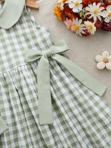 Cozy Pixies 女童格子图案翻领无袖束腰连衣裙，百搭舒适 - 綠色 - 查看 3