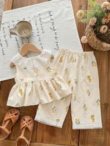 SHEIN Baby Girl Summer Vacation Ditsy Floral Ruffle Hem Top And Pants Set - Multicolor - View 2