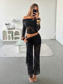 Siren Gaze 女士极简日常蕾丝拼接露肩上衣和裤子两件套春季穿搭 女士春假穿搭 情人节穿搭 情人节穿搭 生日穿搭 黑色蕾丝套装 - 黑色 - 查看 5